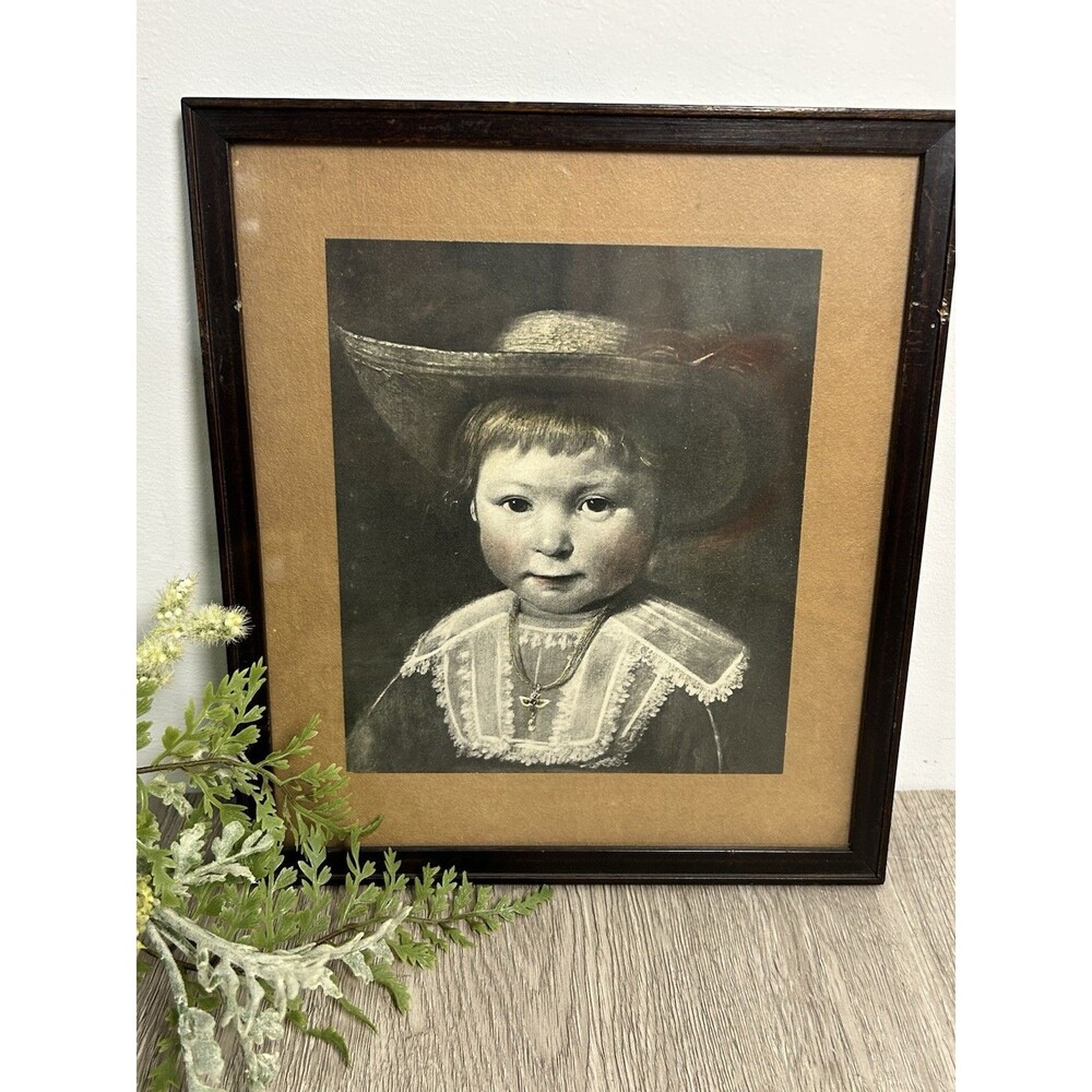 Vintage Framed Little Dutch Boy Portrait Print 9x11 Boy In Hat